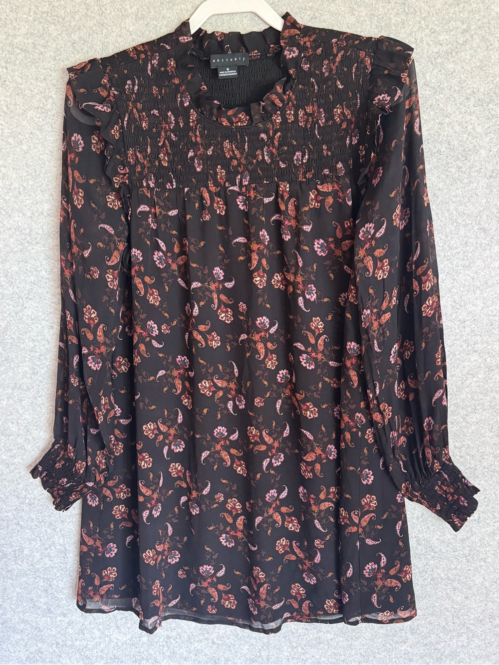 Sanctuary Black Floral Smocked Yoke “Run Wild” Long Sleeve Chiffon Dress